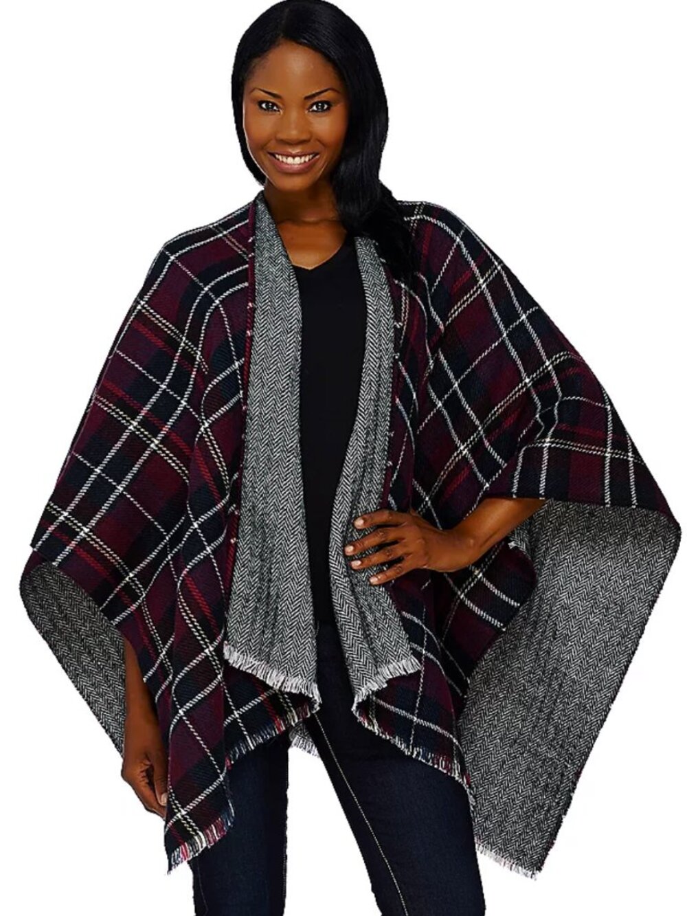 Tashon Herringbone Plaid Reversible Runway Ruana  16769